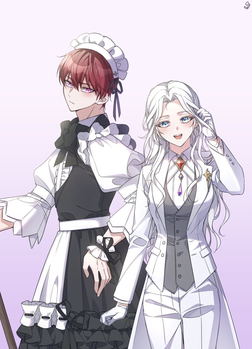 1boy, 1girl, alternate_costume, apron, black_bow, black_bowtie, black_dress, blue_eyes