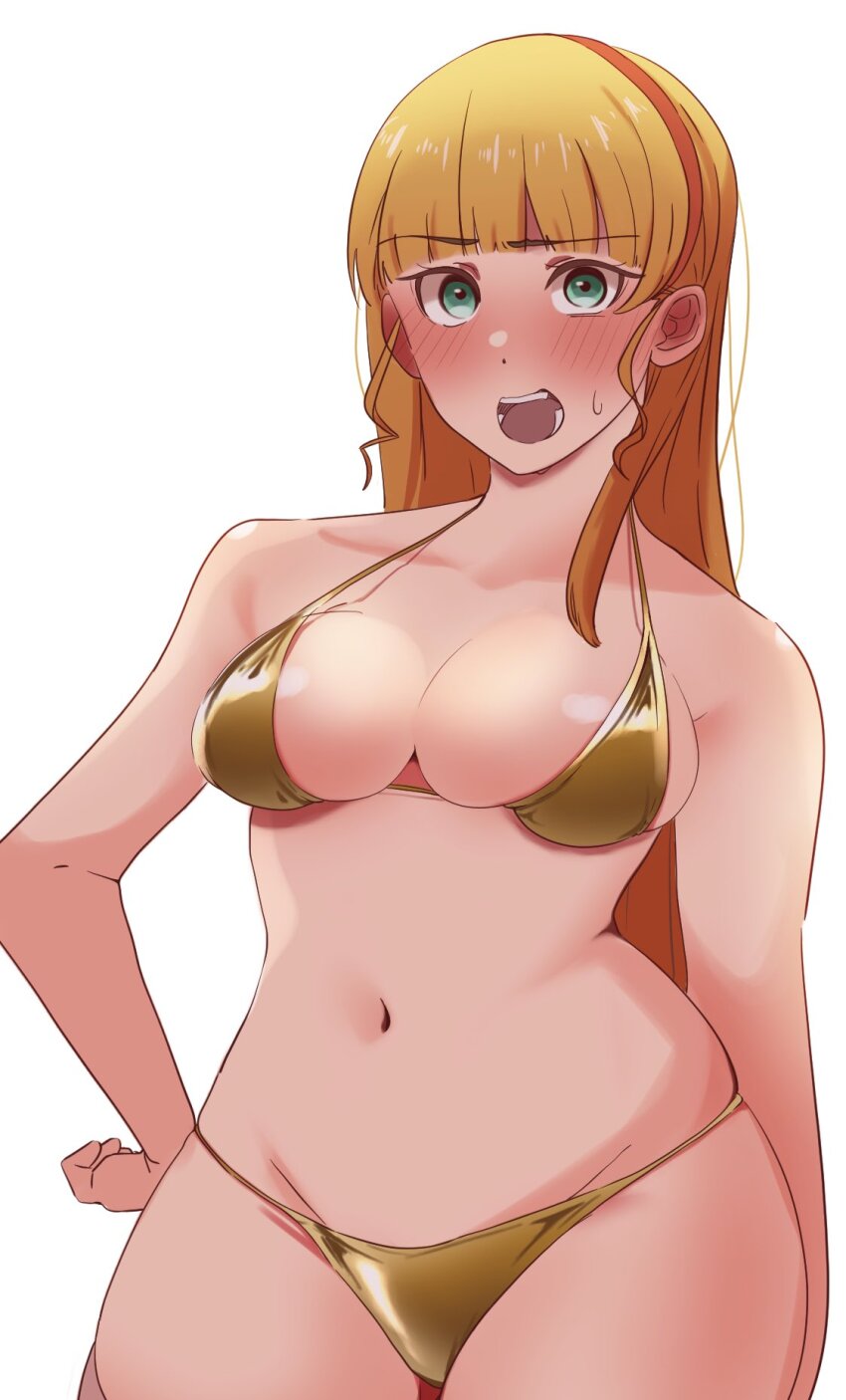 1girl, bikini, blonde_hair, blush, breasts, cleavage, collarbone, cowboy_shot, embarrassed, gold_bikini, groin, hair_behind_ear, hand_on_own_hip, headband, heanna_sumire, highres, long_hair, looking_at_viewer, love_live!, love_live!_superstar!!, medium_breasts, navel, po_0501, red_headband, solo, sweatdrop, swimsuit, white_background