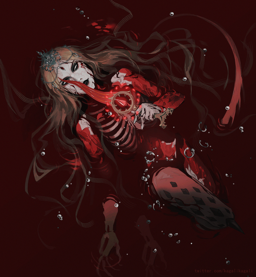 1girl, air_bubble, baldur's_gate, baldur's_gate_3, black_eyeshadow, black_lips, blonde_hair, blood