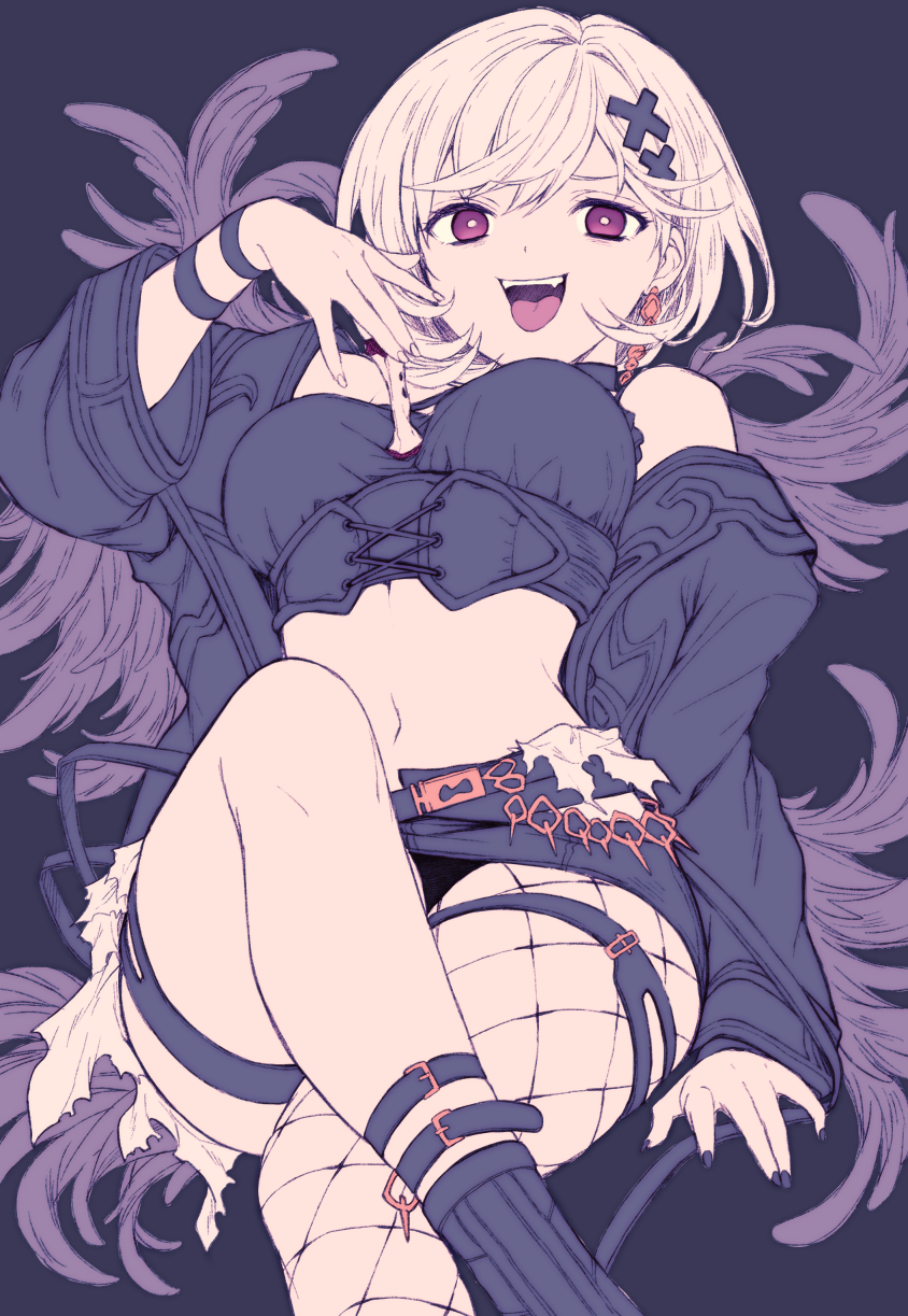 1girl, apple, apple_core, colored_skin, djeeta_(granblue_fantasy), ekra, feather_boa, fishnet_pantyhose, fishnets, food, forbidden_alter_ego_(granblue_fantasy), fruit, granblue_fantasy, highres, jacket, jacket_partially_removed, nail_polish, navel, pantyhose, red_eyes, single_fishnet_legwear, sitting, solo, white_hair, white_skin