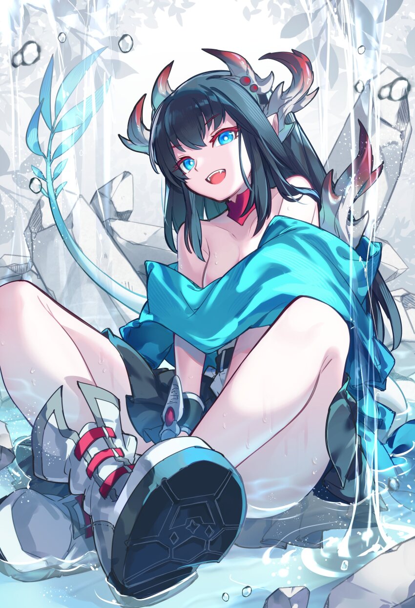 1girl, absurdres, black_hair, blue_eyes, breasts, dragon_girl, dragon_horns, dragon_tail, gin_tonic_(p&amp;d), highres, horns, kuuron_(moesann17), large_breasts, long_hair, open_mouth, puddle, puzzle_&amp;_dragons, shoes, solo, tail