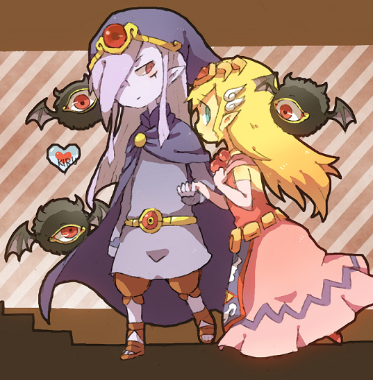 1boy, 1girl, bad_id, bad_pixiv_id, blonde_hair, blue_eyes, cape, gloves, hat, kiru, long_hair, md5_mismatch, nintendo, pointy_ears, princess_zelda, purple_hair, red_eyes, the_legend_of_zelda, the_legend_of_zelda:_the_minish_cap, toon_zelda, vaati