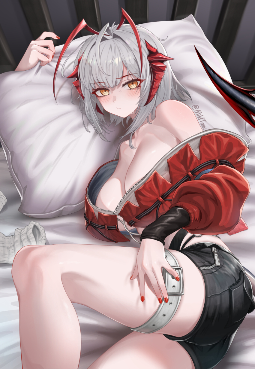 1girl, absurdres, ahoge, antenna_hair, arknights, bare_shoulders, black_shorts, breasts, cleavage, commentary, crop_top, grey_hair, highres, indoors, jacket, large_breasts, long_sleeves, looking_at_viewer, lying, midriff, mildt, nail_polish, off_shoulder, on_side, pillow, red_jacket, red_nails, short_hair, short_shorts, shorts, solo, thighs, w_(arknights), wis'adel_(arknights), yellow_eyes