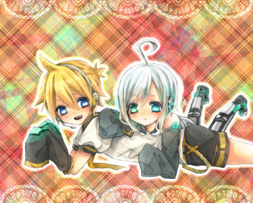 2boys, ahoge, aqua_eyes, bad_id, bad_pixiv_id, blonde_hair, blue_eyes, blush, boots, child, clothes, detached_sleeves, green_eyes, grey_hair, happy, headphones, heterochromia, kagamine_len, lying, male_focus, multiple_boys, necktie, pipipiosuke, short_hair, shorts, smile, utatane_piko, vocaloid