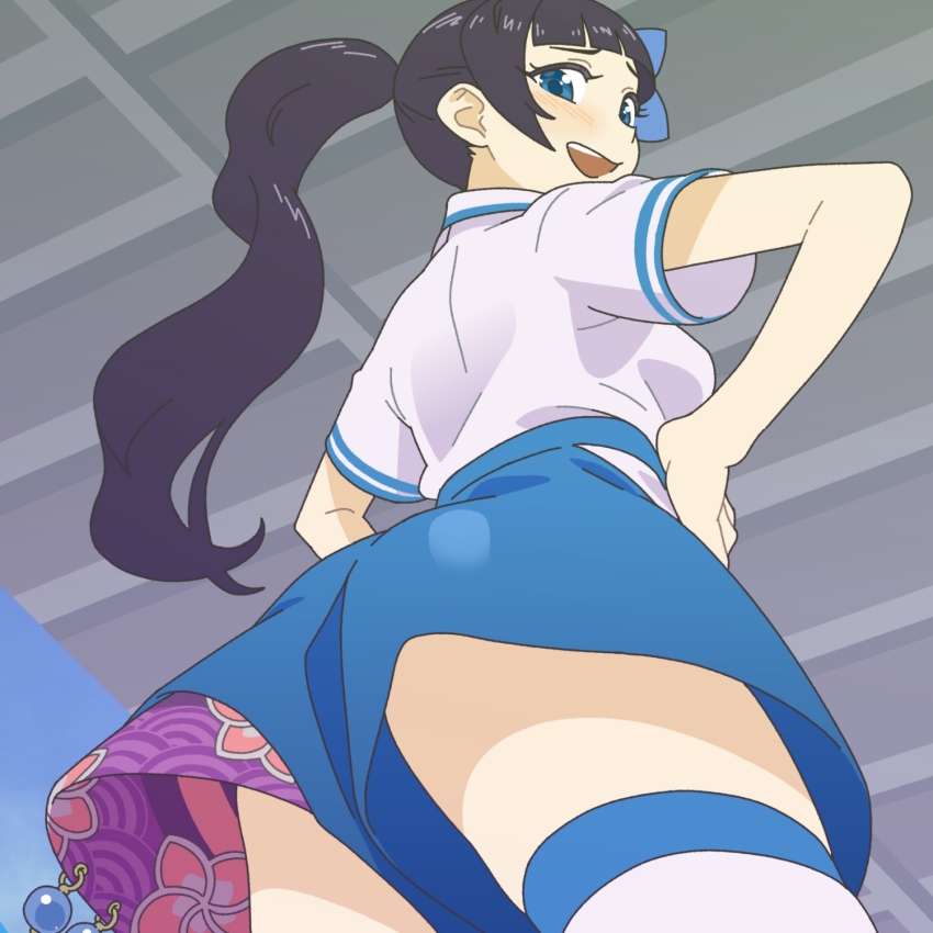 1girl, aoi_ch., ass, backboob, black_hair, blue_eyes, blue_shorts, blush