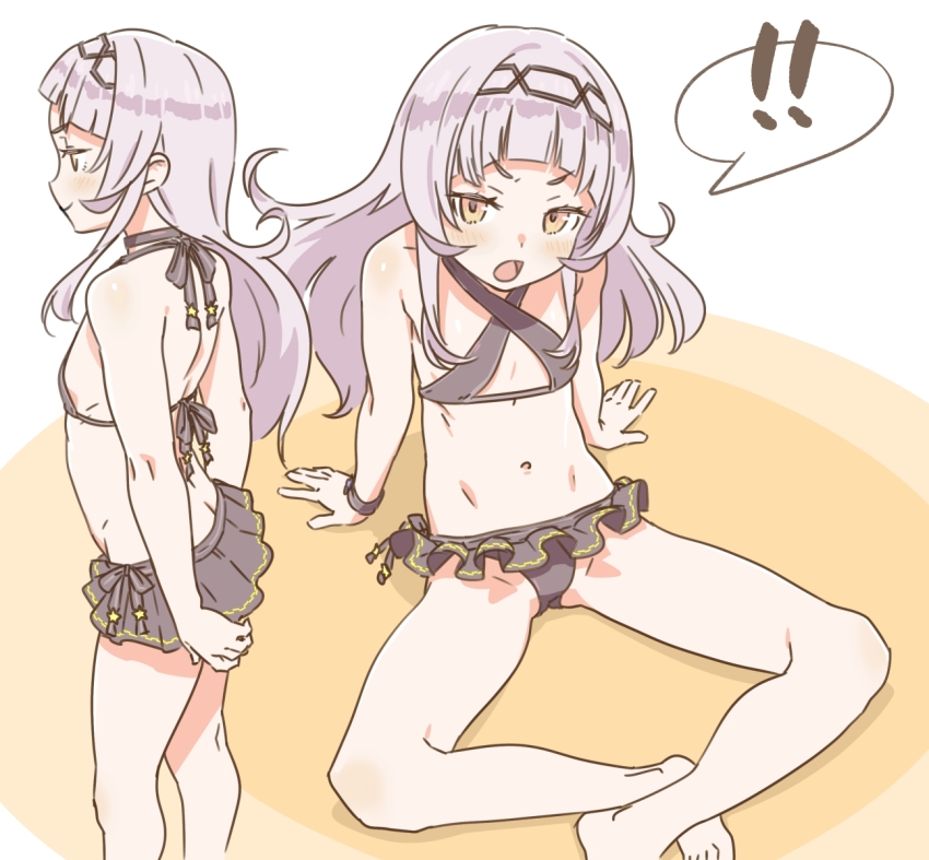 !, !!, 1girl, arched_back, arm_support, arms_at_sides, bikini, bikini_skirt, black_bikini, blunt_bangs, blush, bracelet, breasts, commentary_request, crossed_ankles, grey_hair, hairband, highres, hololive, jewelry, loli, long_hair, looking_at_viewer, magari_(c0rn3r), microskirt, multiple_views, murasaki_shion, murasaki_shion_(hololive_summer_2019), navel, open_mouth, orange_background, profile, simple_background, sitting, skirt, small_breasts, smile, spoken_exclamation_mark, spread_legs, standing, swimsuit, two-tone_background, v-shaped_eyebrows, virtual_youtuber, white_background, yellow_eyes