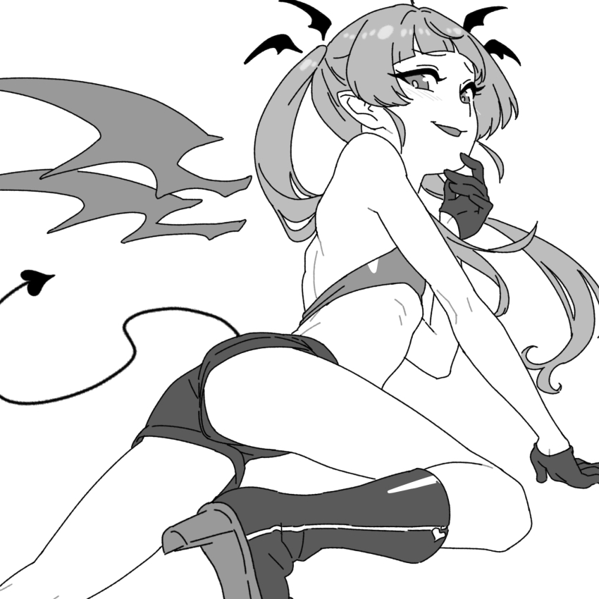 1girl, arm_support, ass, bandeau, blunt_bangs, boots, commentary_request, demon_girl