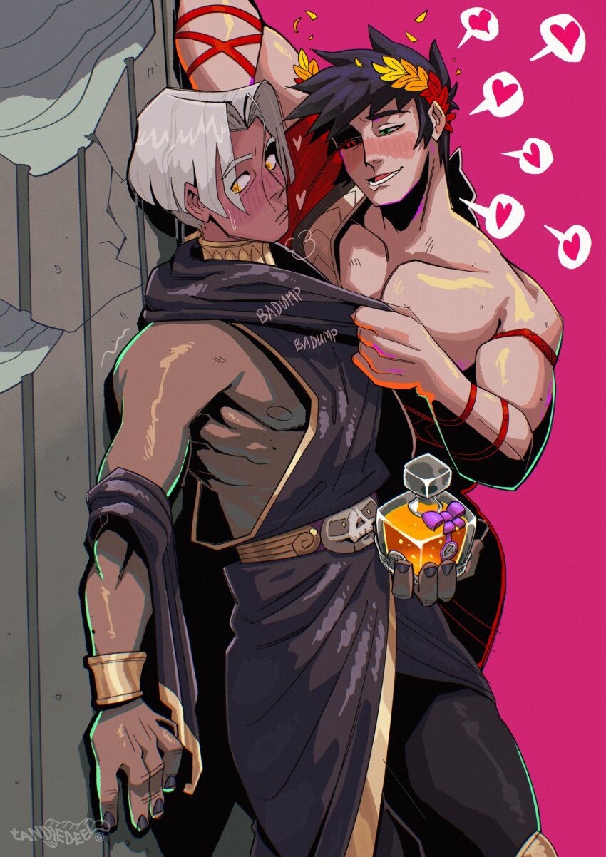 2boys, ambrosia_(hades), ancient_greek_clothes, averting_eyes, bare_pectorals, black_hair, black_nails, black_sclera, blush, bracelet, colored_sclera, column, commentary, cottonwoodler, couple, dark-skinned_male, dark_skin, english_commentary, feet_out_of_frame, gold_bracelet, gorget, greco-roman_clothes, grey_hair, hades_(series), hades_1, heart, highres, holding, holding_vial, jewelry, laurel_crown, looking_at_another, male_focus, mismatched_sclera, multiple_boys, muscular, muscular_male, nervous_sweating, nipples, pectorals, pillar, pink_background, short_hair, sidepec, signature, single_bare_shoulder, skull_belt, sound_effects, spoken_heart, sweat, thanatos_(hades), vial, yaoi, yellow_eyes, zagreus_(hades)
