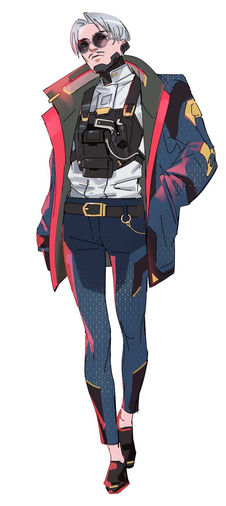 1boy, animification, apex_legends, belt, black_belt, black_footwear, blue_jacket, blue_pants, classified_crypto, crypto_(apex_legends), earrings, frown, full_body, grey_hair, gun, handgun, hands_in_pockets, highres, holstered, jacket, jewelry, looking_to_the_side, male_focus, official_alternate_costume, pants, parted_hair, shirt, solo, thundergotch, walking, weapon, white_background, white_shirt