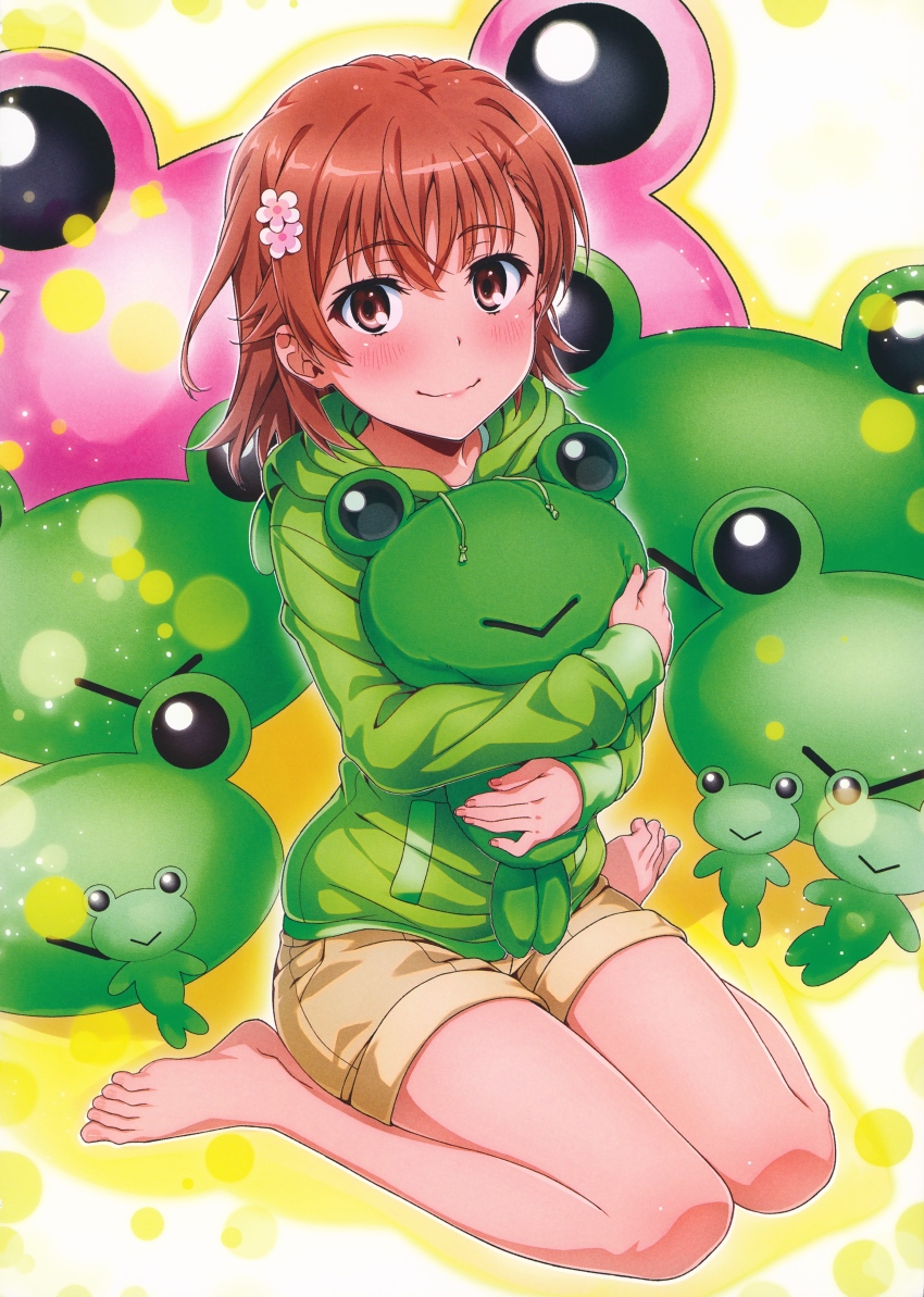 1girl, absurdres, alternate_costume, bare_legs, barefoot, blush, brown_eyes, brown_hair