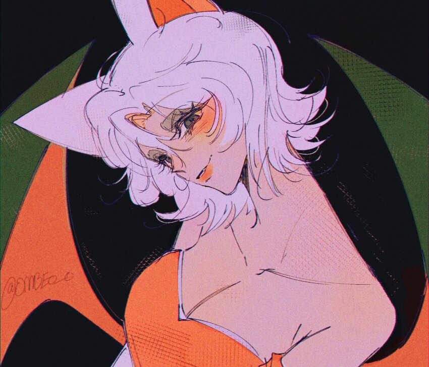 1girl, ahoge, animal_ears, artist_name, bare_shoulders, bat_ears, bat_girl, bat_wings