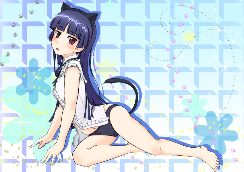 1girl, animal_ears, bare_legs, barefoot, black_hair, black_panties, blush, cla_(torinabe)