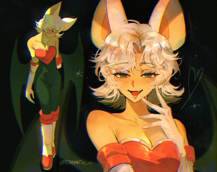 1girl, ahoge, animal_ears, artist_name, bare_shoulders, bat_ears, bat_girl, bat_wings, black_background, black_bodysuit, blue_eyeshadow, blush, bodysuit, boots, breasts, closed_eyes, closed_mouth, collarbone, commentary, elbow_gloves, eyelashes, eyeshadow, fang, full_body, gloves, grey_eyes, grey_hair, hair_between_eyes, half-closed_eyes, hand_up, heart, heart_print, highres, humanization, large_breasts, lips, looking_at_viewer, makeup, ombeo_o, open_mouth, purple_eyeshadow, rouge_the_bat, short_hair, simple_background, smile, solo, sonic_(series), sparkle, standing, untranslatable_commentary, teeth, tongue, upper_body, white_boots, white_gloves, white_hair, wings