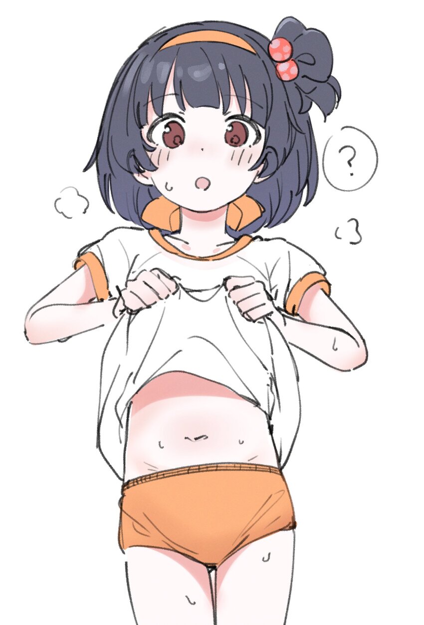 1girl, ?, absurdres, black_hair, blush, brown_eyes, buruma, clothes_pull, collarbone, cowboy_shot, dot_nose, flat_chest, gym_shirt, hachimaki, hair_bobbles, hair_ornament, headband, heavy_breathing, highres, idolmaster, idolmaster_million_live!, idolmaster_million_live!_theater_days, lifting_own_clothes, loli, looking_at_viewer, meeeeeeco359, midriff, nakatani_iku, navel, one_side_up, open_mouth, orange_buruma, orange_trim, shirt, shirt_pull, short_hair, shy, simple_background, solo, speech_bubble, standing, sweat, white_background, white_shirt