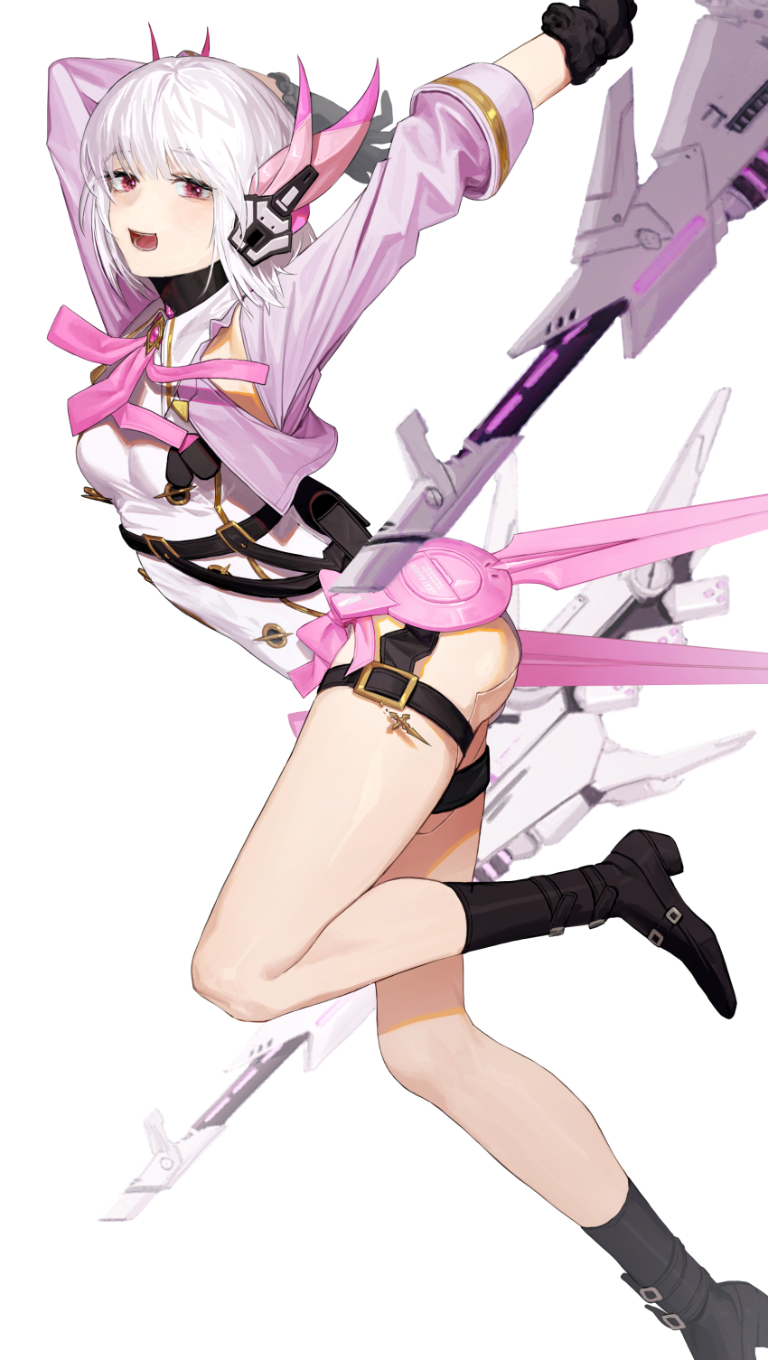 1girl, absurdres, bare_legs, black_boots, black_gloves, boots, bow, floating