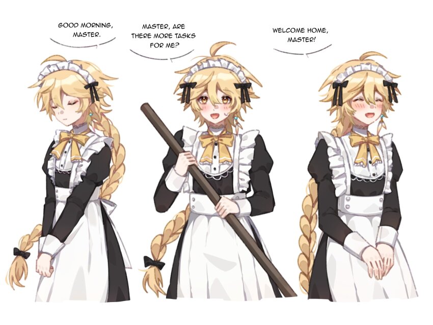 1boy, aether_(genshin_impact), ahoge, alternate_costume, apron, back_bow, black_bow, black_dress