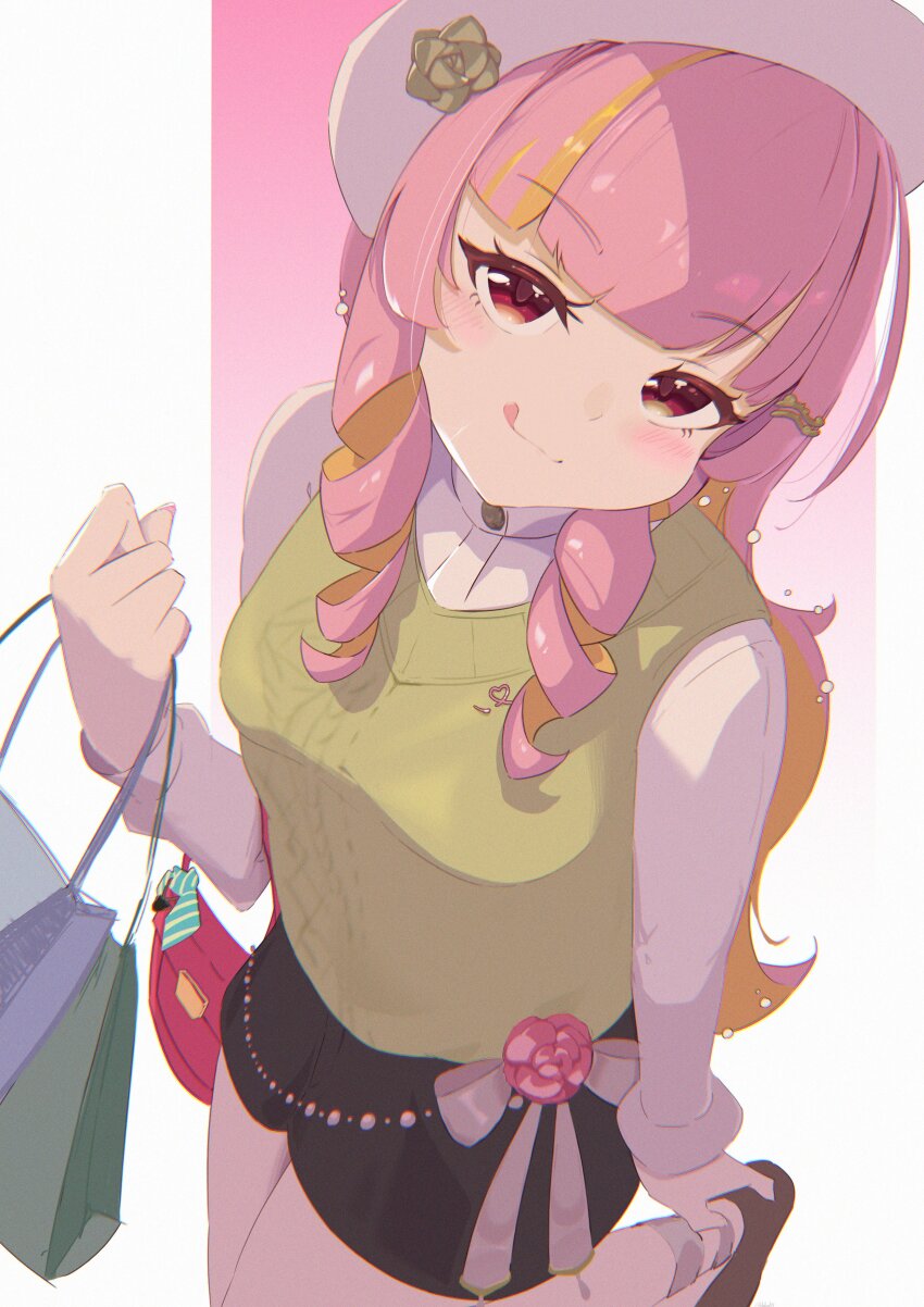 1girl, :d, absurdres, adjusting_footwear, bag, beret, blush, breasts