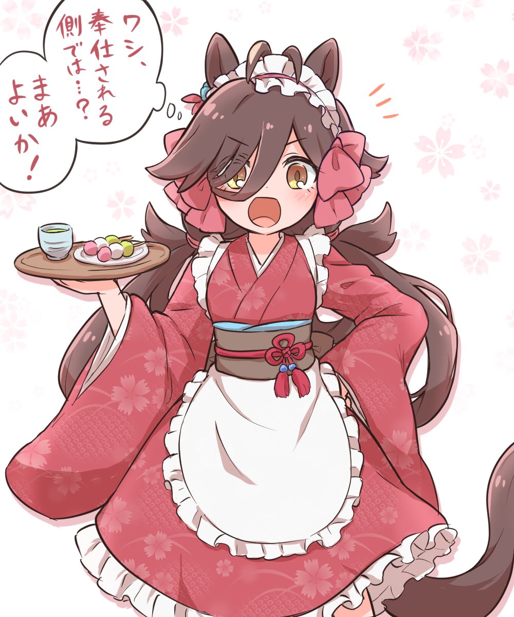 1girl, alternate_costume, animal_ears, antenna_hair, apron, bow, brown_hair, cup