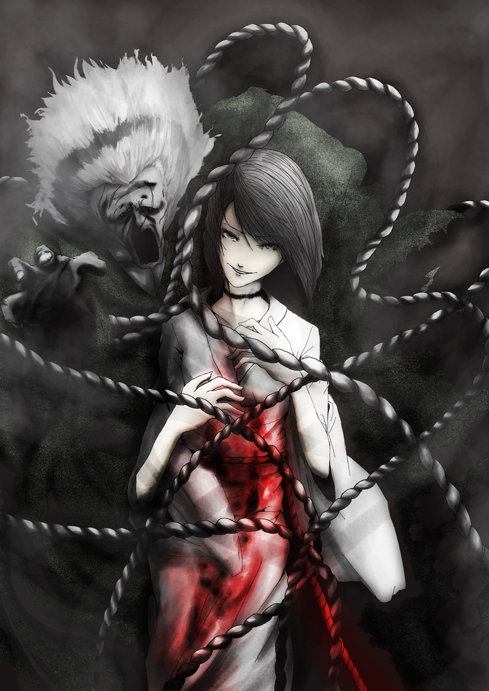1girl, black_eyes, black_hair, blood, demon, fatal_frame, fatal_frame_ii:_crimson_butterfly, gauss_<bokashi