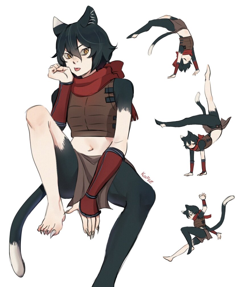 1girl, animal_ears, black_hair, cat_ears, cat_girl, cat_tail, crop_top, dungeon_meshi, highres, izutsumi, koifee, midriff, monster_girl, multiple_views, red_scarf, scarf, short_hair, sitting, sleeveless, slit_pupils, tail, yellow_eyes