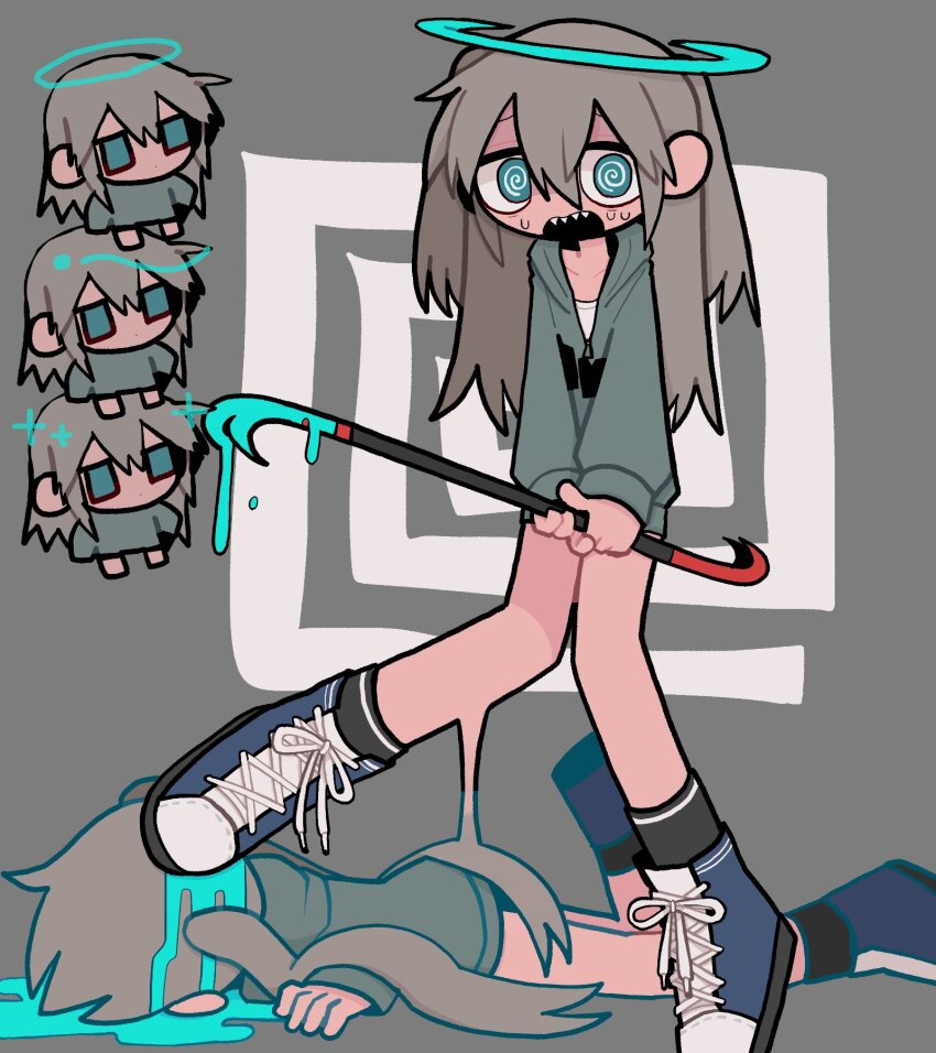 1girl, @_@, alternate_hairstyle, aqua_blood, aqua_eyes, aqua_hoodie, black_socks, blood