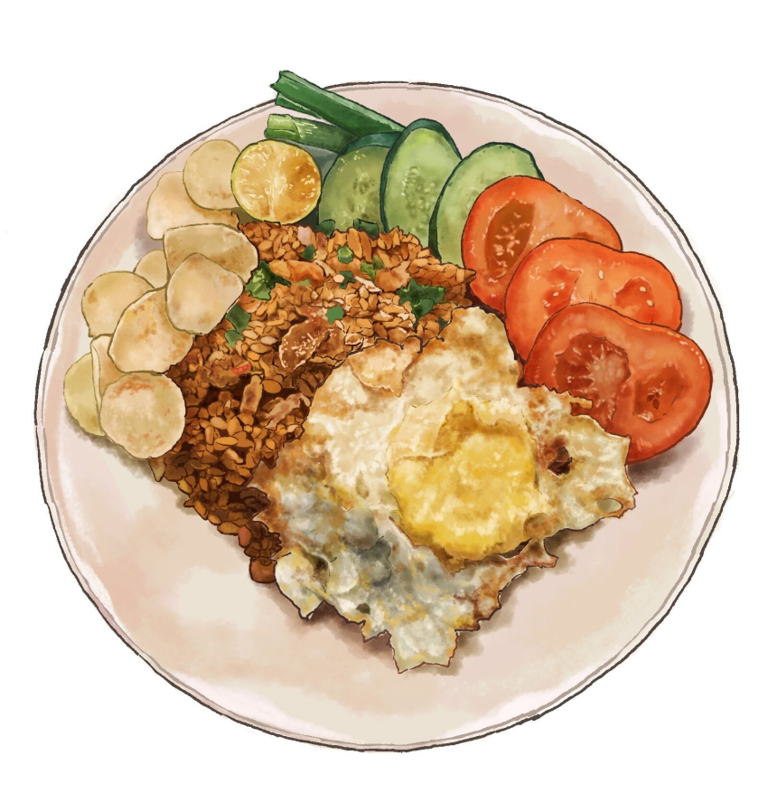 bukepan_menpou, chips_(food), cucumber, egg_(food), food, food_focus, fried_egg, fried_rice