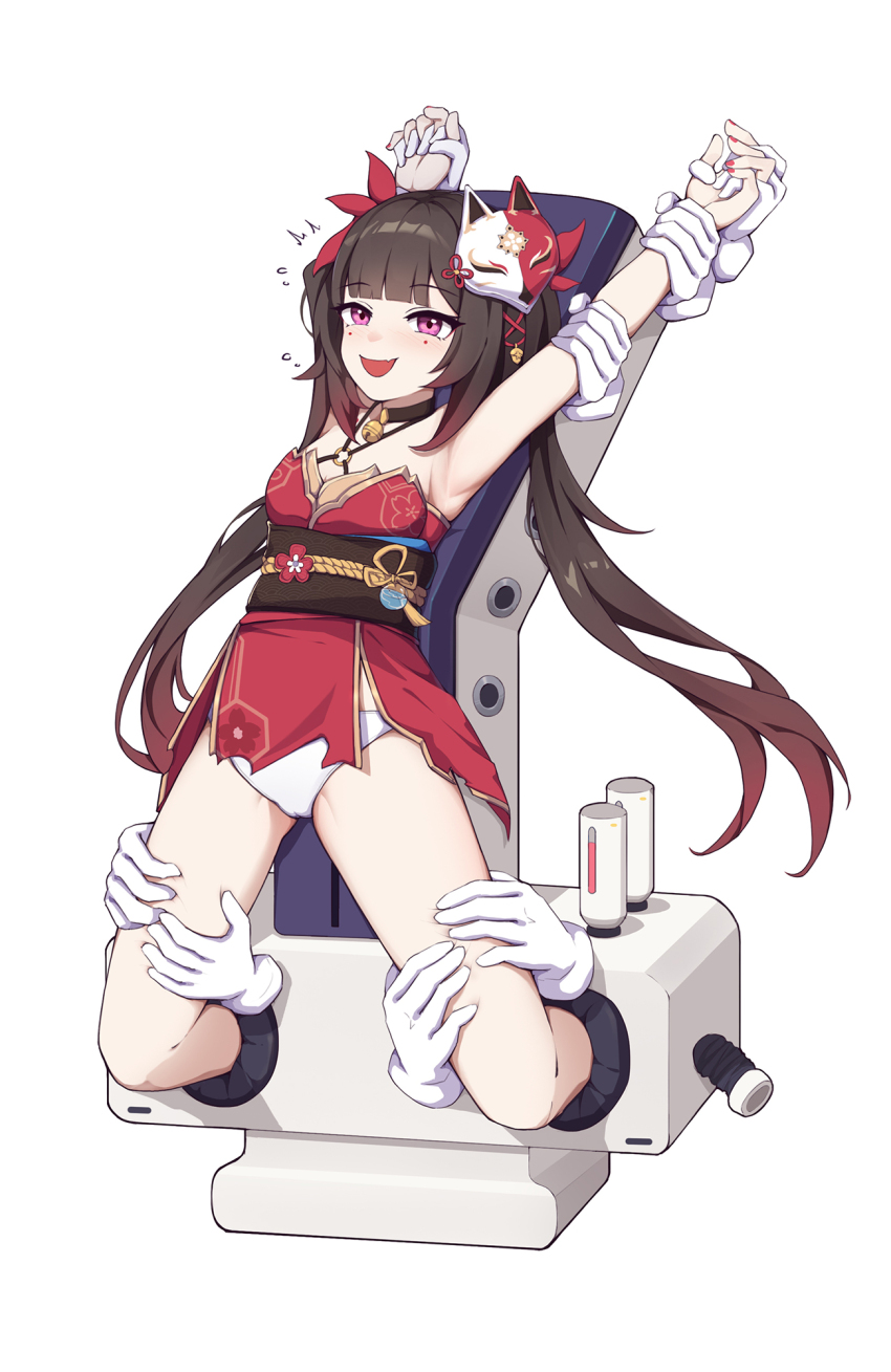 arm_grab, armpits, bell, black_choker, black_hair, blush, choker, criss-cross_halter