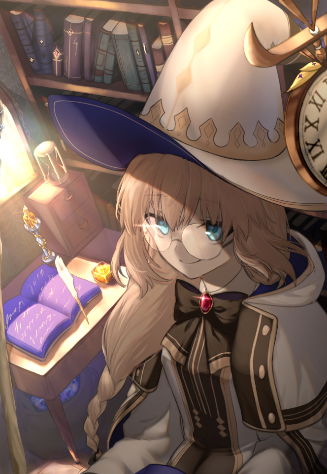 1girl, aesc_(fate), aesc_(rain_witch)_(fate), aimii_mii, aqua_eyes, black_bow, black_bowtie, blonde_hair, book, bookshelf, bow, bowtie, braid, braided_ponytail, brooch, cape, closed_mouth, commentary_request, fate/grand_order, fate_(series), glasses, gold_trim, hat, hood, hood_down, hooded_cape, indoors, jewelry, large_hat, long_hair, looking_at_viewer, open_book, round_eyewear, smile, solo, very_long_hair, white_hat, witch_hat