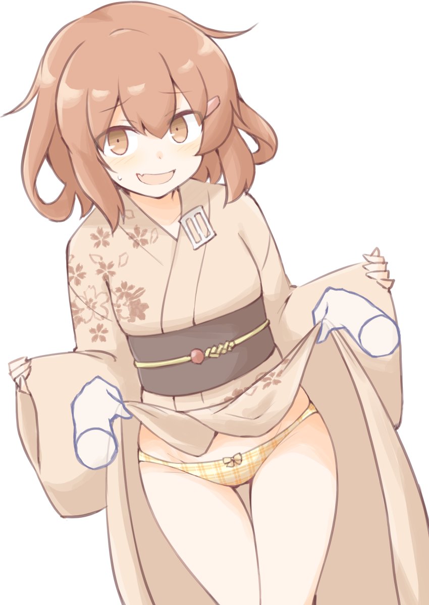 akara_kai, badge, brown_eyes, brown_hair, brown_skirt, checkered_clothes, checkered_panties, disembodied_hand, highres, ikazuchi_(kancolle), ikazuchi_(yukata)_(kancolle), japanese_clothes, kantai_collection, kimono, obi, official_alternate_costume, open_mouth, orange_pants, panties, pants, sash, short_hair, skirt, smile, underwear, wide_sleeves