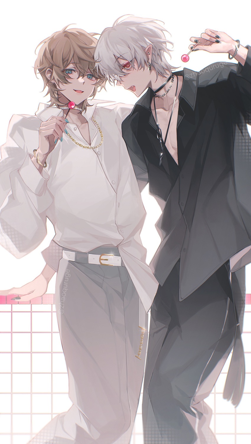 2boys, absurdres, arm_around_another's_back, belt, belt_buckle, black_choker, black_footwear, black_nails