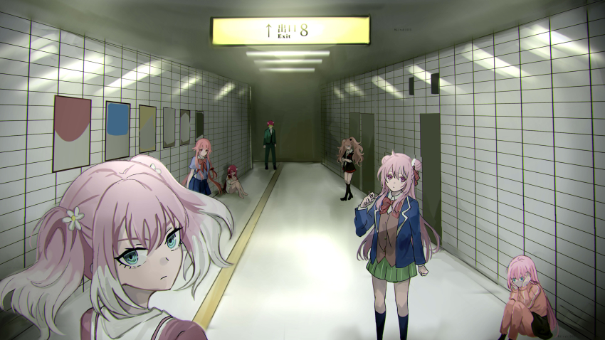 1boy, 6+girls, absurdres, airabi, artist_name, bare_legs, barefoot, bear_hair_ornament, black_footwear, black_shirt, black_skirt, black_socks, blood, blood_on_clothes, blue_eyes, blue_jacket, blue_skirt, bocchi_the_rock!, boots, bow, bowtie, closed_mouth, collared_shirt, color_connection, crazy_eyes, crossed_arms, danganronpa:_trigger_happy_havoc, danganronpa_(series), double_bun, dress, elfen_lied, enoshima_junko, flower, gasai_yuno, glasses, gotoh_hitori, green-tinted_eyewear, green_jacket, green_pants, green_skirt, hair_between_eyes, hair_bun, hair_color_connection, hair_flower, hair_ornament, hair_over_one_eye, hallway, hands_on_own_cheeks, hands_on_own_face, happy_sugar_life, highres, hiiragi_nana, holding, holding_own_hair, horns, horror_(theme), indoors, jacket, kneehighs, long_hair, long_sleeves, looking_at_viewer, lucy_(elfen_lied), matsuzaka_satou, medium_hair, miniskirt, mirai_nikki, multicolored_hair, multicolored_necktie, multiple_girls, munou_na_nana, necktie, on_floor, open_clothes, open_jacket, pants, pink_eyes, pink_hair, pk_academy_school_uniform, reclining, red_bow, red_bowtie, red_eyes, red_hair, ribbon, saiki_kusuo, saiki_kusuo_no_psi_nan, sailor_dress, school_uniform, shirt, short_hair, short_sleeves, sitting, skirt, socks, standing, the_exit_8, tile_floor, tile_wall, tiles, tinted_eyewear, track_pants, track_suit, trait_connection, twintails, very_long_hair, very_short_hair, white_hair, white_shirt