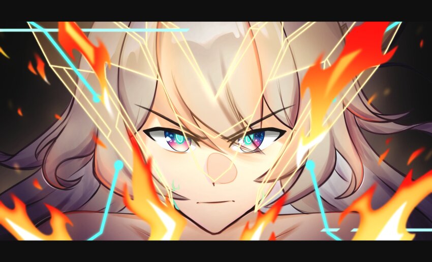 >:(, 1girl, absurdres, black_background, commentary, fire, firefly_(honkai:_star_rail), grey_hair