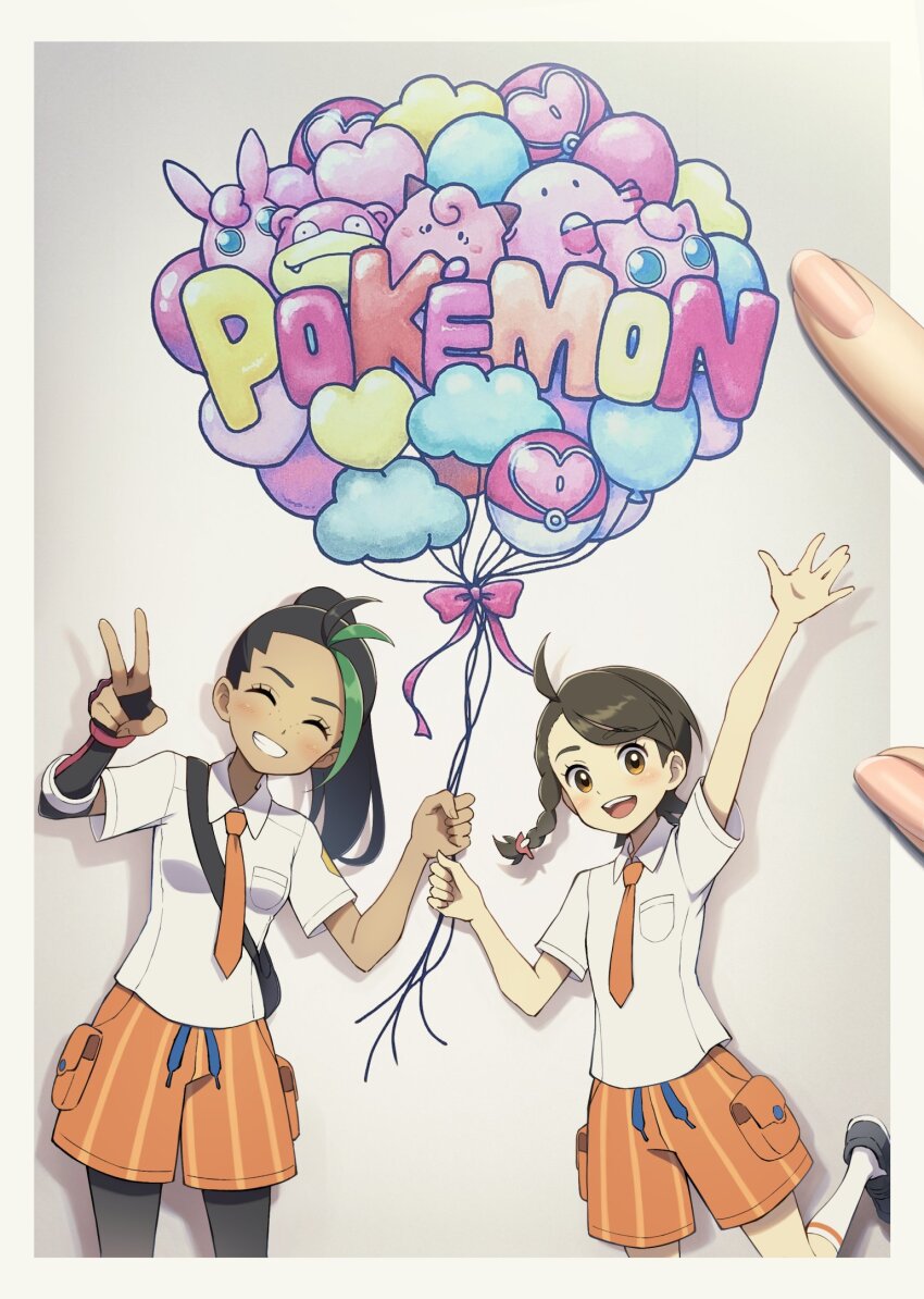 2girls, ahoge, awokani, black_hair, braid, brown_eyes, brown_hair, closed_eyes