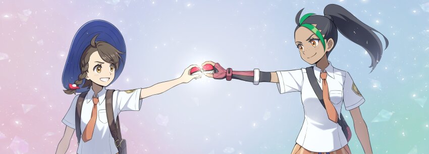 2girls, awokani, backpack, bag, black_hair, braid, brown_eyes, brown_hair