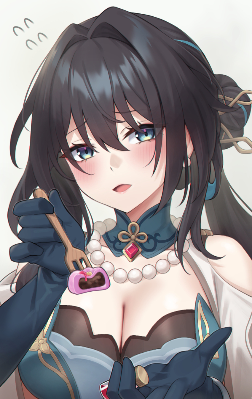 1girl, aqua_choker, aqua_dress, aqua_gloves, ashisi, bare_shoulders, bead_necklace, beads, breasts, brown_hair, cake, choker, cleavage, clothing_cutout, commentary_request, dress, earrings, flying_sweatdrops, food, gloves, green_eyes, hair_between_eyes, hair_bun, hair_intakes, hair_ornament, hand_up, highres, holding, holding_cake, holding_food, holding_vial, honkai:_star_rail, honkai_(series), incoming_food, jewelry, large_breasts, long_hair, looking_at_viewer, multicolored_hair, necklace, open_mouth, ruan_mei_(honkai:_star_rail), shoulder_cutout, sidelocks, simple_background, single_hair_bun, solo, streaked_hair, upper_body, vial, white_background, wooden_fork