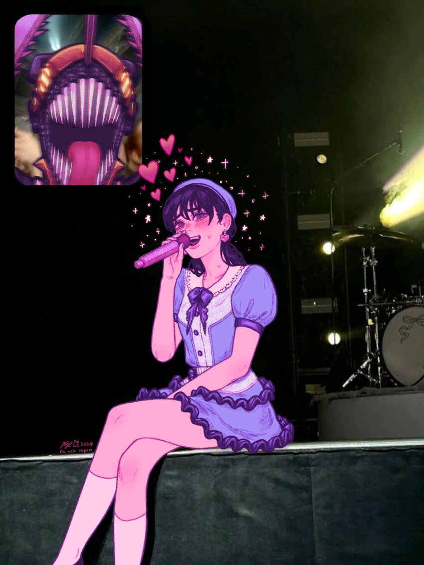 1girl, black_hair, blush, chainsaw, chainsaw_man, denji_(chainsaw_man), dress, earrings, fan_screaming_at_madison_beer_(meme), frilled_skirt, frills, heart, highres, idol, jewelry, meme, mitaka_asa, music, pumpkingface, ribbon, sharp_teeth, singing, skirt, smile, teeth