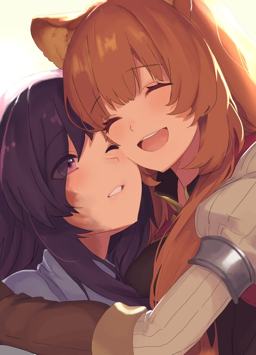 2girls, absurdres, animal_ears, black_dress, blue_shirt, brown_gloves, brown_hair, closed_eyes