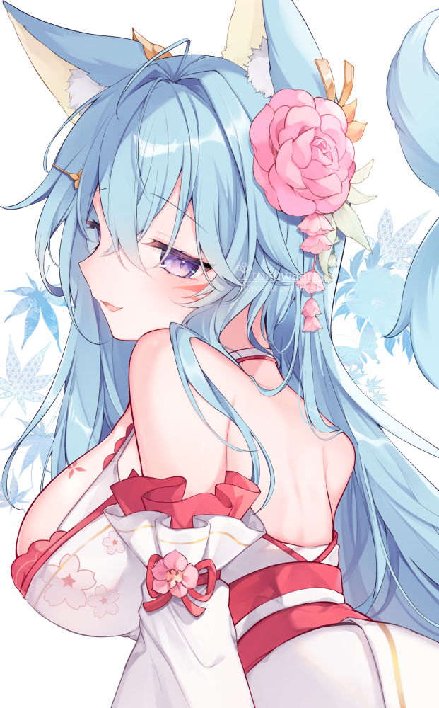 1girl, animal_ear_fluff, animal_ears, autumn_leaves, backless_outfit, bare_shoulders, blue_hair, breasts