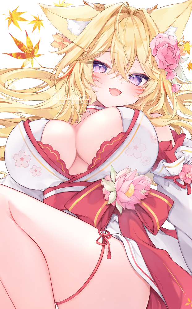 1girl, :d, animal_ear_fluff, animal_ears, ass, autumn_leaves, blonde_hair, blush