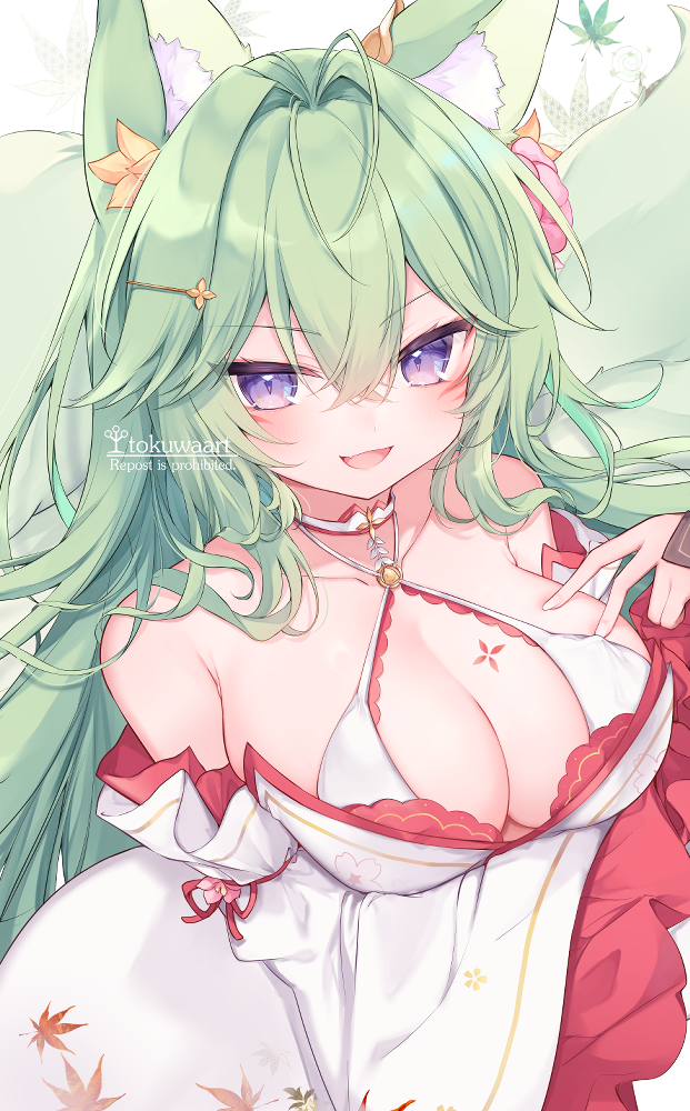 1girl, :d, animal_ear_fluff, animal_ears, autumn_leaves, bare_shoulders, breasts, cleavage