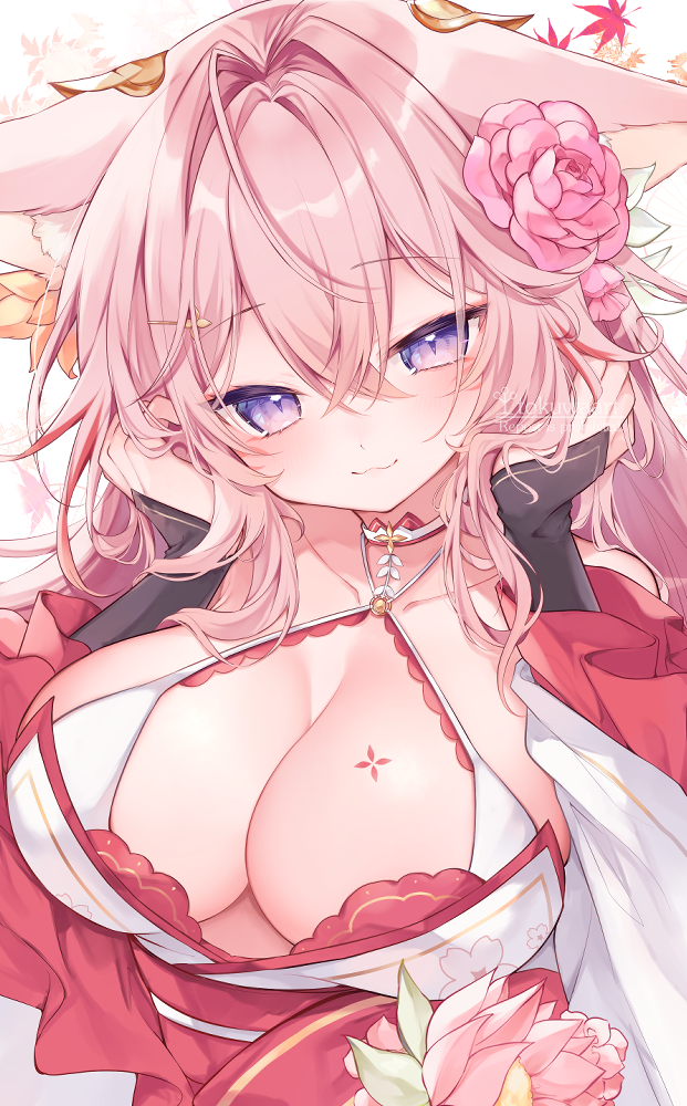 1girl, animal_ears, autumn_leaves, breasts, cleavage, closed_mouth, commentary_request, commission