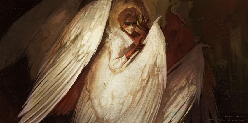 1boy, angel_wings, blonde_hair, blush_stickers, demon_boy, evil_grin, evil_smile, grin, hair_slicked_back, hazbin_hotel, hellaverse, highres, i_imperiat, looking_down, lucifer_morningstar_(hazbin_hotel), non-web_source, red_eyes, smile, solo, wings