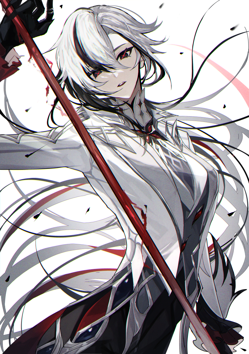 1girl, absurdres, arlecchino_(genshin_impact), black_eyes, black_gloves, bright_pupils, coat, cowboy_shot