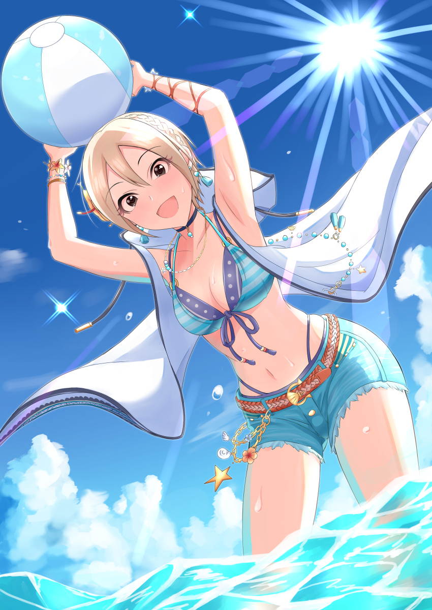 1girl, absurdres, arms_up, ball, beachball, bikini, black_eyes, blonde_hair