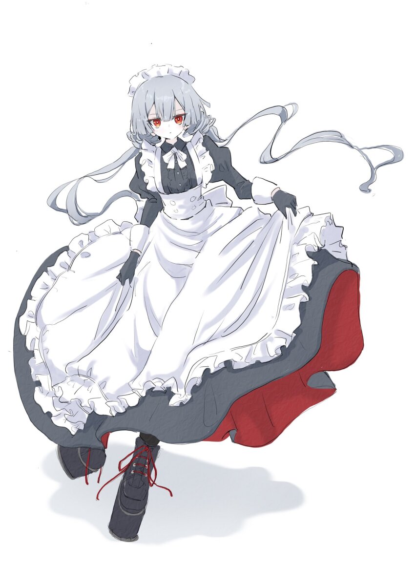 1girl, alternate_costume, apron, boots, dress, duel_monster, frilled_apron, frills, gloves, grey_hair, highres, jigenshin, long_hair, low_twintails, maid, maid_headdress, red_eyes, sky_striker_ace_-_roze, solo, twintails, white_apron, yu-gi-oh!