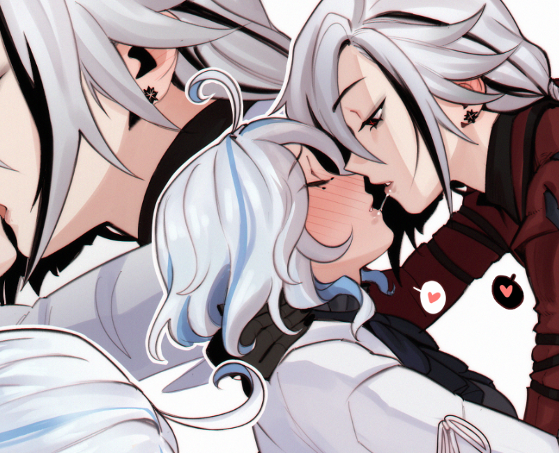 2girls, after_kiss, ahoge, arlecchino_(genshin_impact), arlecchino_(live_actually)_(genshin_impact), black_eyes, black_gloves, black_hair, blue_hair, blush, closed_eyes, commentary, ear_blush, earrings, english_commentary, furina_(genshin_impact), furina_(live_actually)_(genshin_impact), genshin_impact, gloves, hand_on_another's_neck, heart, jacket, jewelry, multicolored_hair, multiple_girls, parted_lips, paw_(286456), red_pupils, red_shirt, saliva, saliva_trail, shirt, spoken_heart, streaked_hair, stud_earrings, tongue, upper_body, white_hair, white_jacket, yuri