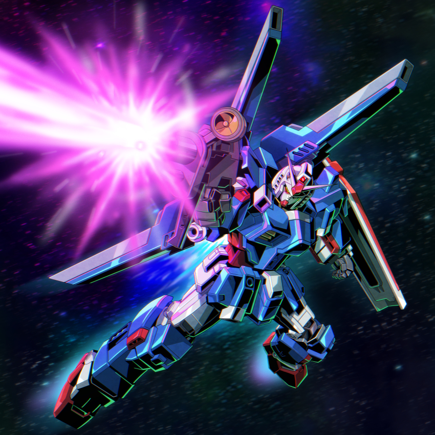 absurdres, arm_shield, beam_rifle, clenched_hand, commentary_request, energy_gun, exhaust, firing