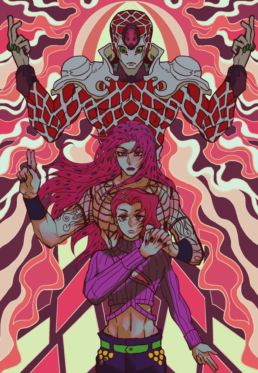 1other, 2boys, absurdres, arm_tattoo, black_nails, cleavage_cutout, clothing_cutout, crop_top, diavolo, dual_persona, freckles, green_eyes, hand_up, hands_up, highres, holding_hands, jojo_no_kimyou_na_bouken, king_crimson_(stand), lace_shirt, long_hair, male_focus, midriff, multiple_boys, pink_background, pink_eyes, pink_hair, polka_dot_hair, stand_(jojo), swampland, sweater, tattoo, vento_aureo, vinegar_doppio, wristband