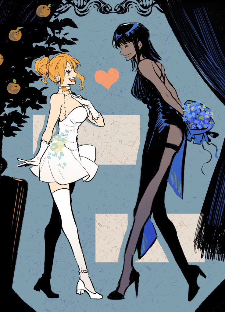 2girls, ^_^, arms_behind_back, black_dress, blunt_bangs, bouquet, closed_eyes, commentary, cross-laced_clothes, cross-laced_dress, curtains, dress, flower, food, fruit, full_body, gloves, hair_bun, heart, high_heels, holding, holding_bouquet, looking_at_another, mandarin_orange, medium_hair, mrjieshisu, multiple_girls, nami_(one_piece), nico_robin, one_piece, open_mouth, orange_hair, profile, see-through_clothes, see-through_thighhighs, side_slit, sidelocks, smile, untranslatable_commentary, thighhighs, tree, white_dress, white_gloves, white_thighhighs