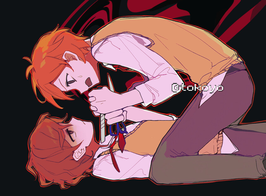 2boys, artist_name, black_background, black_pants, blade_to_throat, brown_eyes, closed_mouth, collared_shirt